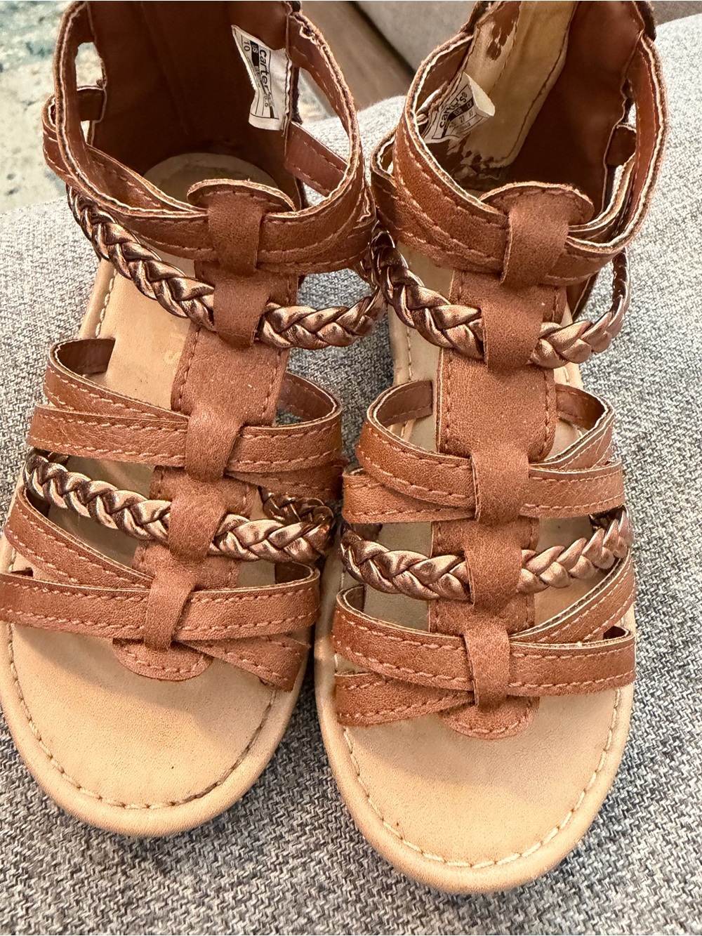 Carter's Brown/Brass colored Braided Strap Girls Sandals Zip-Up Back size 10